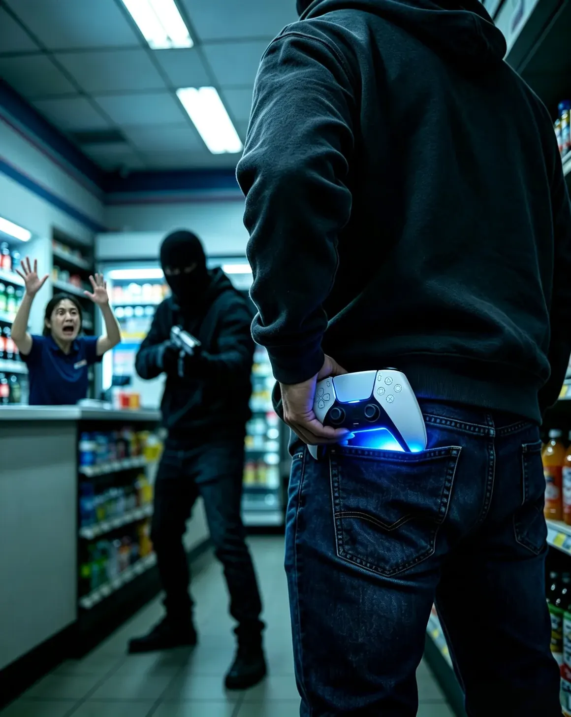 A gamer drawing a white PlayStation controller from his jeans pocket while an armed robbery happens behind him — real life is not a game.